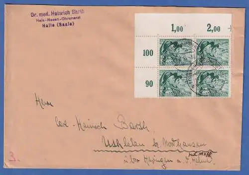 Dt. Reich Sudetenland Mi-Nr. 684y Eckrandvierer OL auf Brief O WITTENBERG 1939