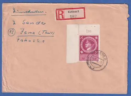 Dt. Reich Hitler Geb. Mi-Nr. 887 Eckrandstück OL auf R-Brief O KOBLENZ 1944