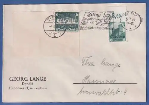 Dt. Reich Mi-Nr. 546 OR und 577 aus Ostropa-Block Eckrandstück auf Brief 1935