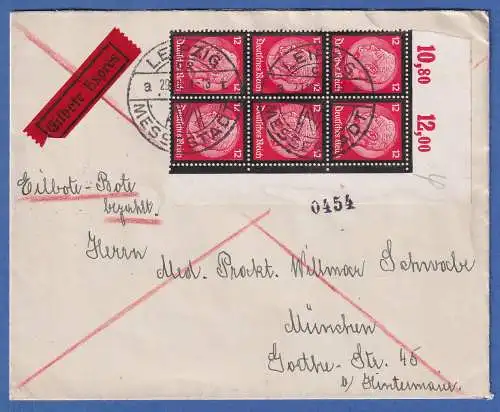 Dt. Reich Hindenburg Trauer Mi-Nr. 552 ER-6er-Block auf Expr.-Bf. O LEIPZIG 1934