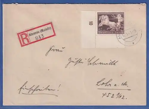 Dt. Reich Braunes Band Mi.-Nr. 747 Eckrandstück UL auf R-Brief aus Alzenau 1941
