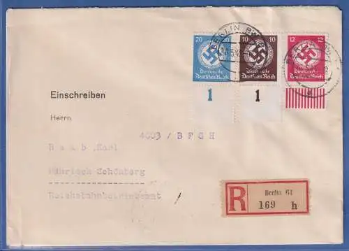 Dt. Reich Dienstmarken Mi.-Nr. 171, 172, 174 je mit UR auf R-Brief O BERLIN 1943