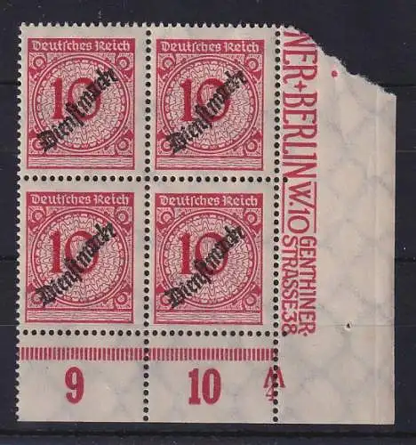 Dt. Reich Dienstmarke 10Pfg Mi.-Nr. 101a ER-Viererblock mit Druckerzeichen W **