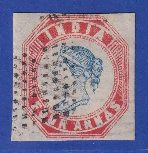 Indien / India 1854 4Anna hellblau/rot Mi-Nr.7 gestempelt, einwandfrei. Attest