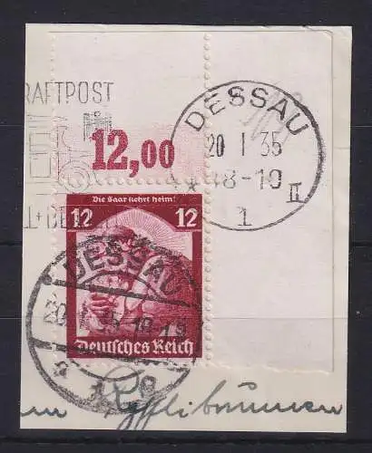 Dt. Reich 1935 Saarabstimmung 12Pfg Mi.-Nr. 567 Eckrandstück OR  O DESSAU