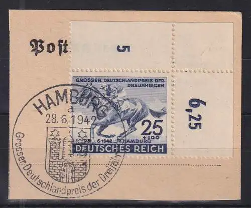 Dt. Reich 1942 Blaues Band Mi.-Nr. 814 Eckrandstück OR mit So.-O HAMBURG
