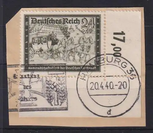 Dt. Reich 1939 Mi.-Nr. 712 Eckrandstück UR mit Maschinen O HAMBURG 20.4.40