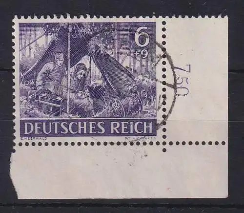 Dt. Reich 1943 Wehrmacht 6Pfg Mi.-Nr. 834 Eckrandstück UR zentr. gestempelt JENA