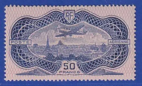 Frankreich 1936 Flugpostmarke 50Fr. Guilloche Mi.-Nr. 321 ** rücks. Fleck mittig