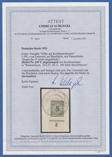 Dt. Reich 1923 5Pfg mit PLF Bogen der 5 unten eingedrückt Mi-Nr 339 V, Attest 