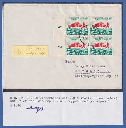 Dt. Reich 1940 Helgoland Mi.-Nr. 750 Viererblock auf Brief, dabei PLF 750 I 