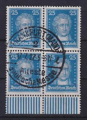 Dt. Reich Goethe 25 Pfg Mi.-Nr. 393 Unterrand-Viererblock schön gest FRANKFURT