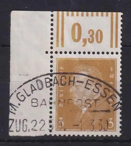 Dt. Reich Hindenburg 3Pfg Mi.-Nr. 410 Walze-Eckrandstück OL mit Bahnpoststempel