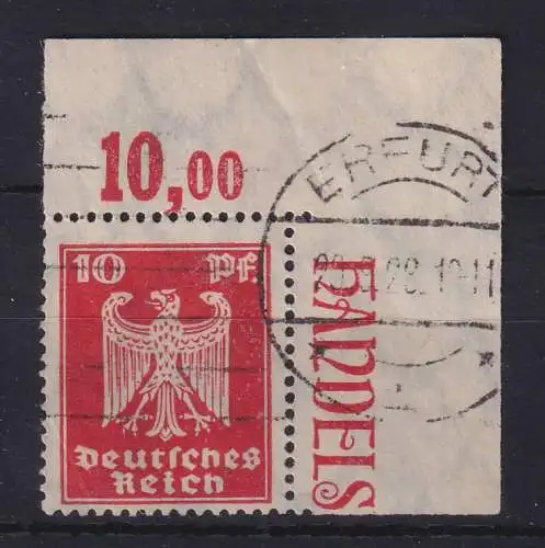 Dt. Reich Reichsadler 10Pfg Mi.-Nr. 357X Plattendruck Eckrandstück OR  O ERFURT