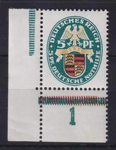 Dt. Reich Nothilfe 1926 Wappen 5 Pfg Mi.-Nr. 398Y Eckrandstück UL (aus MHB) **