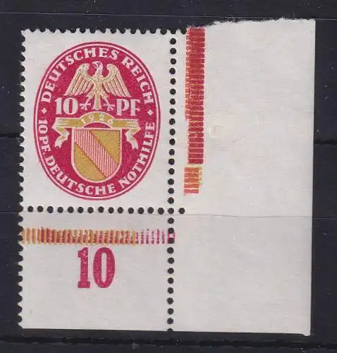 Dt. Reich Nothilfe 1926 Wappen 10 Pfg Mi.-Nr. 399Y Eckrandstück UL (aus MHB) **