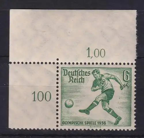 Dt. Reich Olympia 1936 Fußball 6 Pfg Mi.-Nr. 611 Eckrandstück OL **