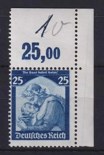Dt. Reich Saarabstimmung 1935 25 Pfg Mi.-Nr. 568 Eckrandstück OR **