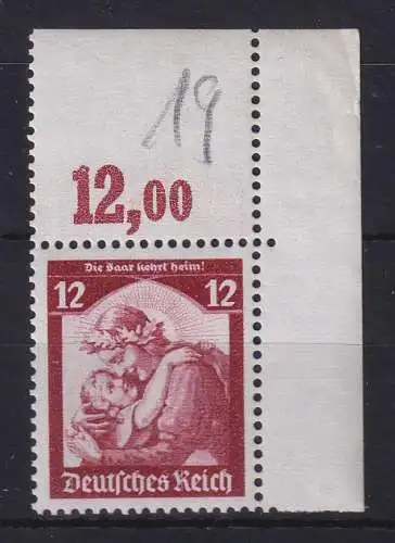Dt. Reich Saarabstimmung 1935 12 Pfg Mi.-Nr. 567 Eckrandstück OR **