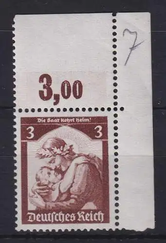 Dt. Reich Saarabstimmung 1935 3 Pfg Mi.-Nr. 565 Eckrandstück OR **