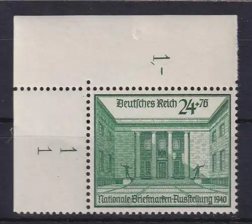 Dt. Reich 1940 Reichskanzlei Mi.-Nr. 743 Eckrandstück OL mit Formnummer 1  *