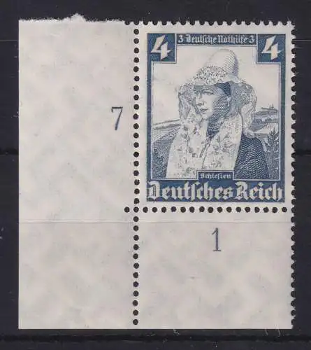 Dt. Reich 1935 Trachten 4Pfg Mi.-Nr. 589 Eckrandstück UL mit Nummer 7 **