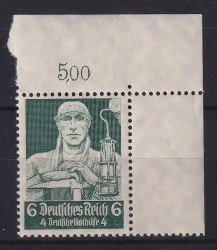Dt. Reich 1934 Berufsstände Bergmann 6Pfg  Eckrandstück OR postfrisch **