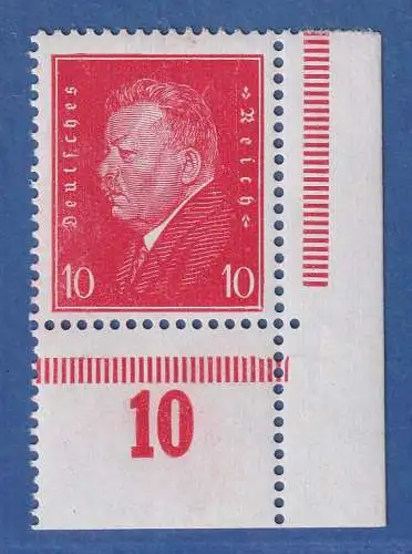Dt. Reich 1928 Ebert 10Pfg Mi.-Nr. 413 Eckrandstück UR  postfrisch **