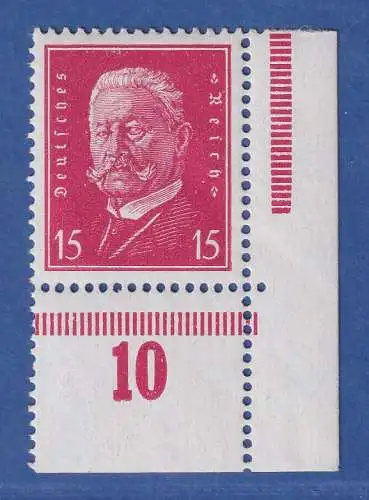 Dt. Reich 1928 Hindenburg 15Pfg Mi.-Nr. 414 Eckrandstück UR  postfrisch ** 