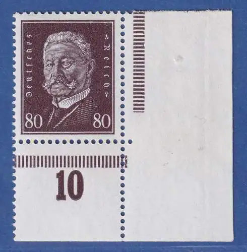 Dt. Reich 1928 Hindenburg 80Pfg Mi.-Nr. 422 Eckrandstück UR  postfrisch ** 