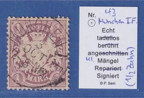 Bayern 1879 Wappen 1 Mark purpur Mi.-Nr. 43 schön gestempelt MÜNCHEN, min. ZF