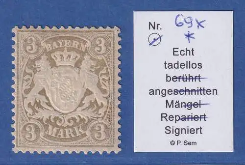Bayern Wappen 3 Mark braunoliv Mi.-Nr. 69x ungebraucht * gpr. SEM BPP