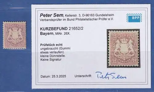 Bayern Wappen 12 Kreuzer lila Mi.-Nr. 26X ungebraucht gpr. mit KB SEM