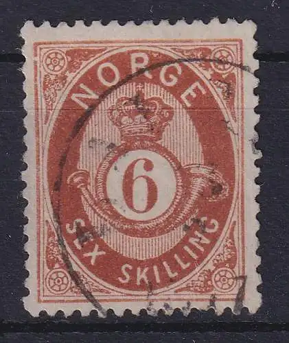 Norwegen 1875 Posthorn 6 Skilling rötlichbraun Mi.-Nr. 20 gestempelt 