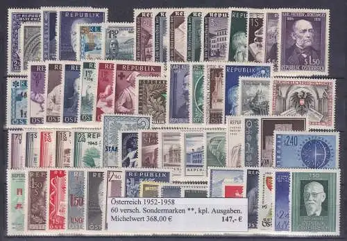 Österreich 1952-1958 Lot 60 verschiedene Sondermarken, meist ** Sätze immer kpl.