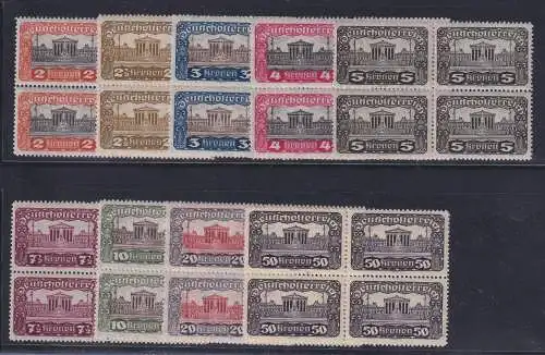 Österreich 1919 Parlamentsgebäude Wien Mi.-Nr. 284-92 Viererblocks postfrisch **