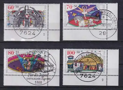 Jugend 1989 Zirkus, Mi.-Nr. 1411-1414 Eckrand-Satz UR mit FN gestempelt