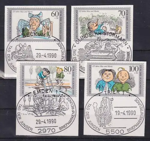 Jugend 1990 Max und Moritz Mi.-Nr. 1455-58 mit Sonder-O auf Briefstücken