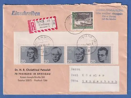 Bund 1964 Blockmarken Mi.-Nr. 431-34 als ZSD in MIF auf R-Brief aus Freiburg 