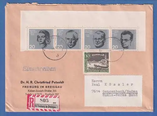 Bund 1964 Blockmarken Mi.-Nr. 431-34 als ZSD in MIF auf R-Brief aus Freiburg 