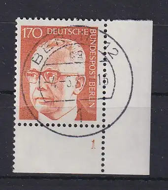 Berlin 1972 Heinemann 170er Mi.-Nr. 432 Ecke mit Formnummer 1, Voll-O BERLIN 12