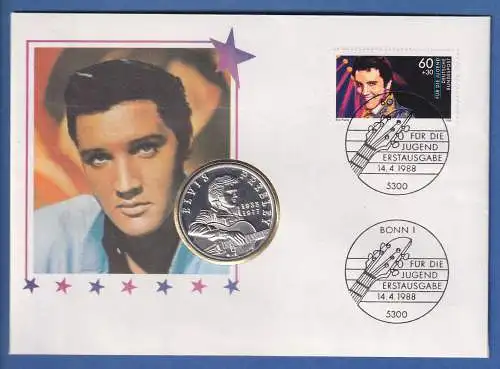 Elvis Presley Numisbrief mit Briefmarke (1988) und Gedenkmedaille