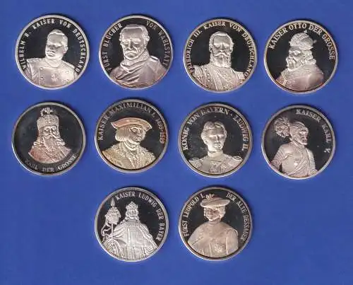Satz 10 Silber-Medaillen PP je 20g Ag999 Deutsche Kaiser und Könige 
