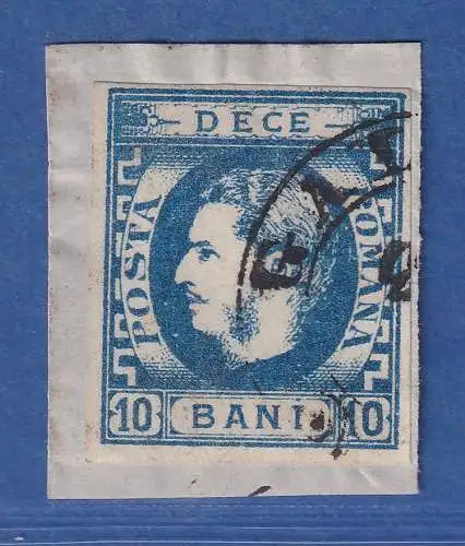 Rumänien 1869 Fürst Karl I. 10 Bani Mi-Nr. 22a blau gestempelt auf Briefstück