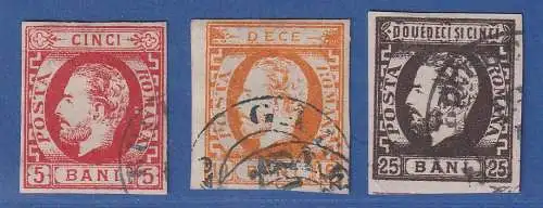 Rumänien 1871 Fürst Karl I. mit Vollbart 5-10-25 Bani Mi-Nr. 26-28 gestempelt