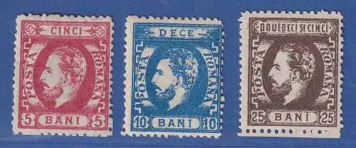 Rumänien 1872 Fürst Karl I. mit Vollbart 5-10-25 Bani gez. Mi-Nr. 32-34 Satz *