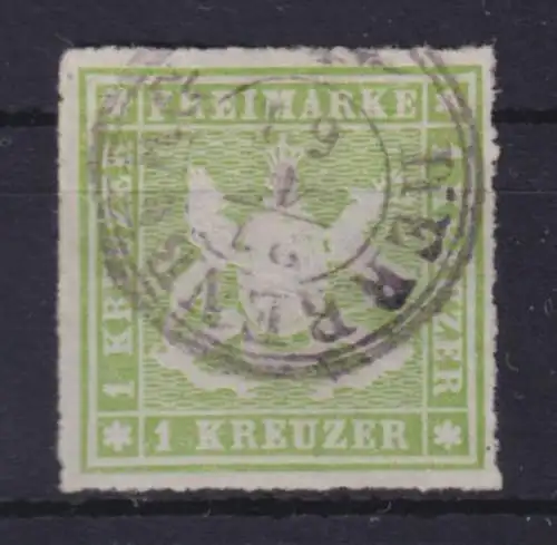 Württemberg 1865 1 Kreuzer gelblichgrün Mi.-Nr. 30a gestempelt HERRENBERG