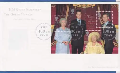 Großbritannien 2000 100. Geburtstag von Queen Mom Mi.-Nr. Block 9 auf FDC 