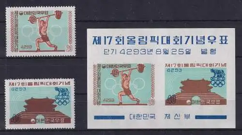 Südkorea 1960 Olympische Spiele Rom Mi.-Nr. 307-308 + Block 148 postfrisch **