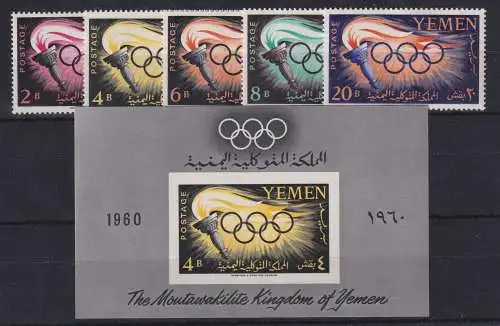 Jemen Nordjemen 1960 Olympische Spiele Rom Mi.-Nr. 200-204 und Block 2 ** 